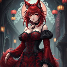 A sexy gothic anime girl depicted as a Kitsune, featuring striking red shoulder-length hair that adds to her allure