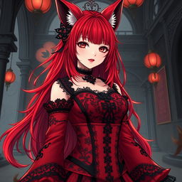 A sexy gothic anime girl depicted as a Kitsune, featuring striking red shoulder-length hair that adds to her allure