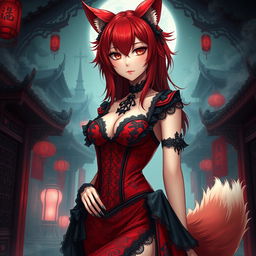 A sexy gothic anime girl depicted as a Kitsune, featuring striking red shoulder-length hair that adds to her allure