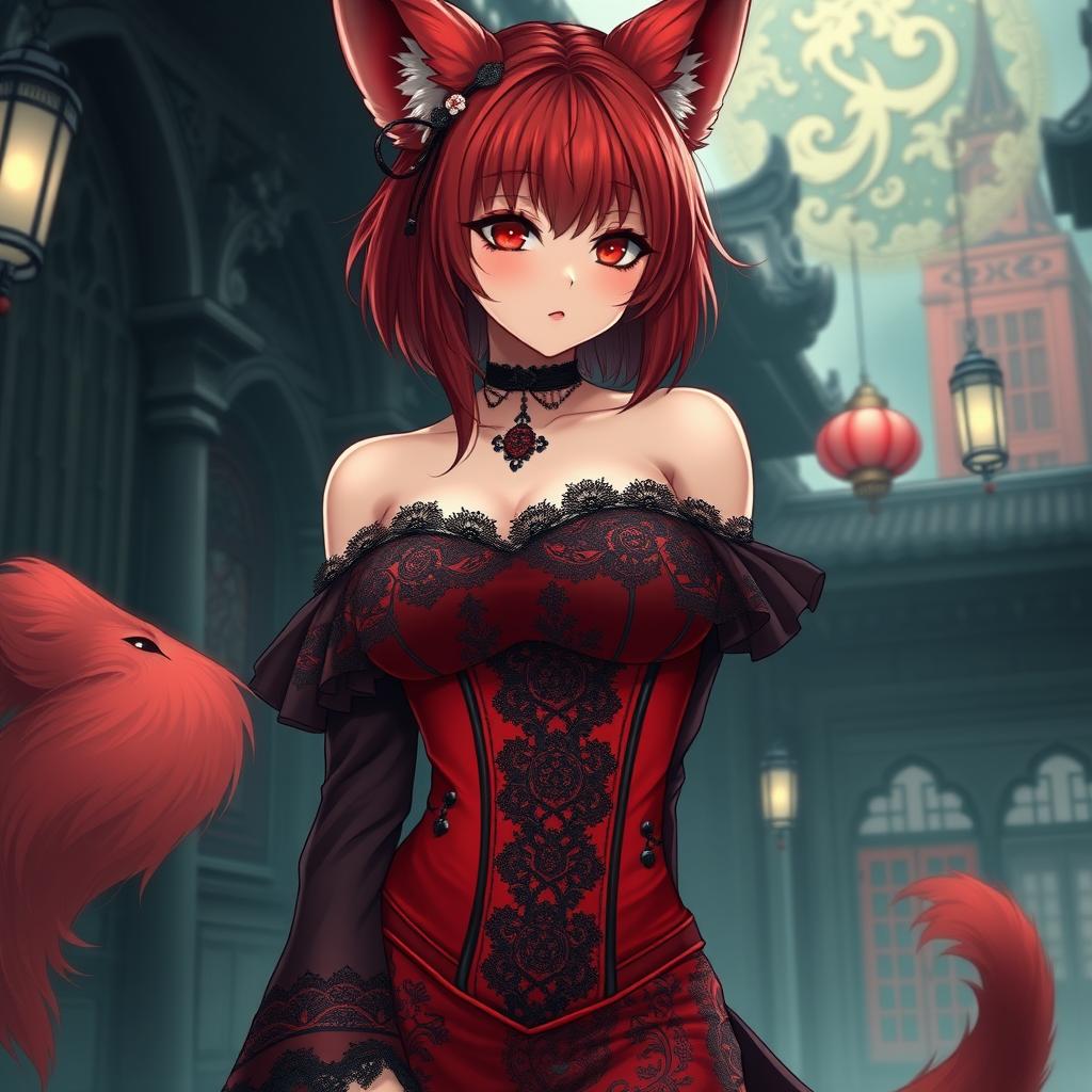 A sexy gothic anime girl depicted as a Kitsune, featuring striking red shoulder-length hair that adds to her allure