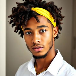 A young man with an oval-shaped face, featuring naturally long, curly and voluminous hair playfully styled on top