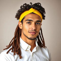 A young man with an oval-shaped face, featuring naturally long, curly and voluminous hair playfully styled on top