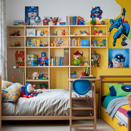 A meticulously organized boy's bedroom with vibrant colors. It contains a cozy bed, a wooden study table, bookshelves filled with books and toys, and posters on the walls from his favorite superhero movies.