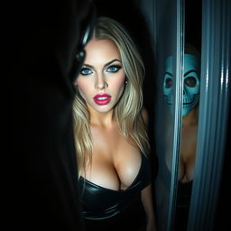 A chilling scene from the perspective of an observer wearing a hollow-eyed mask, peering through a small opening in the bathroom door