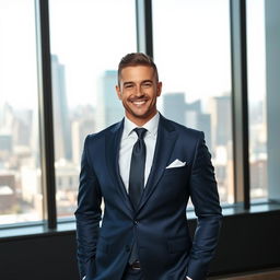 A confident businessman wearing a luxurious, tailored dark blue jazz suit, complete with a stylish white shirt and a sleek tie