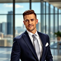 A confident businessman wearing a luxurious, tailored dark blue jazz suit, complete with a stylish white shirt and a sleek tie