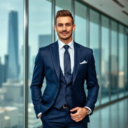 A confident businessman wearing a luxurious, tailored dark blue jazz suit, complete with a stylish white shirt and a sleek tie