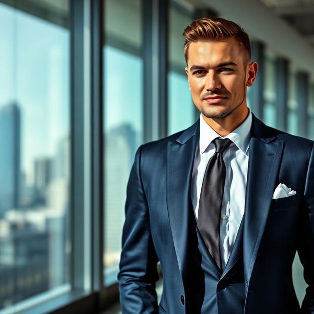 A confident businessman wearing a luxurious, tailored dark blue jazz suit, complete with a stylish white shirt and a sleek tie