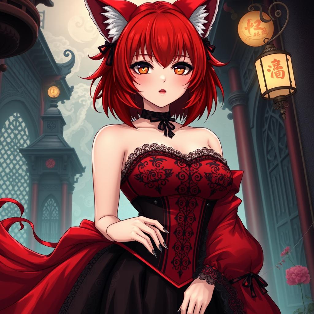 A sexy gothic anime girl depicted as a Kitsune, featuring vibrant red shoulder-length hair that complements her captivating appearance