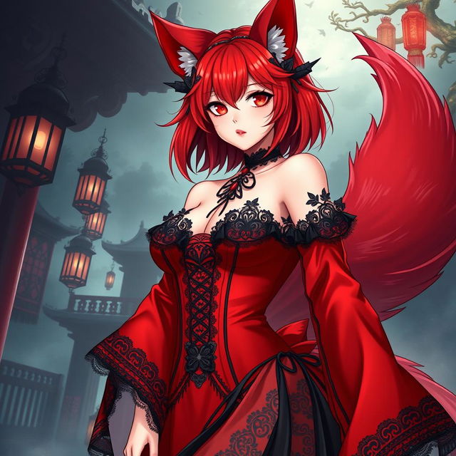 A sexy gothic anime girl depicted as a Kitsune, featuring vibrant red shoulder-length hair that complements her captivating appearance