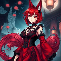 A sexy gothic anime girl depicted as a Kitsune, featuring vibrant red shoulder-length hair that complements her captivating appearance
