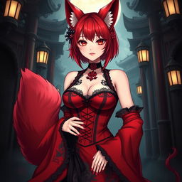 A sexy gothic anime girl depicted as a Kitsune, featuring vibrant red shoulder-length hair that complements her captivating appearance