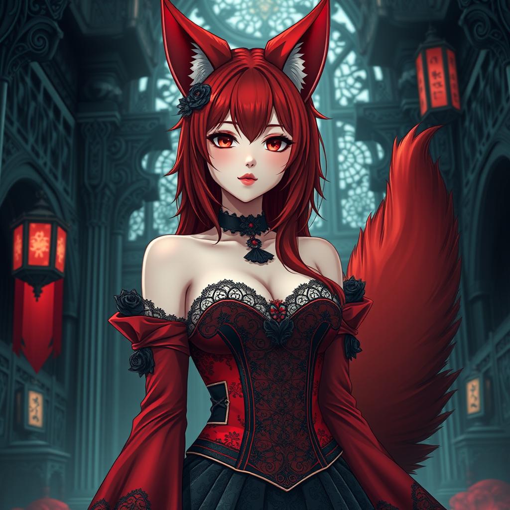 A sexy gothic anime girl represented as a Kitsune, featuring stunning red shoulder-length hair that enhances her mystique