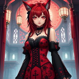 A sexy gothic anime girl represented as a Kitsune, featuring stunning red shoulder-length hair that enhances her mystique