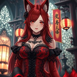 A sexy gothic anime girl represented as a Kitsune, featuring stunning red shoulder-length hair that enhances her mystique