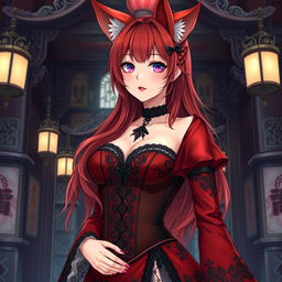 A sexy gothic anime girl represented as a Kitsune, featuring stunning red shoulder-length hair that enhances her mystique