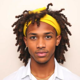 A 25-year-old male with an oval-shaped face, featuring naturally curly hair styled playfully