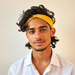 A 25-year-old male with an oval-shaped face, featuring naturally curly hair styled playfully