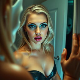 From the chilling perspective of an observer wearing a hollow-eyed mask, a beautiful 19-year-old blonde woman is seen looking into a bathroom mirror