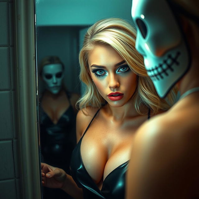 From the chilling perspective of an observer wearing a hollow-eyed mask, a beautiful 19-year-old blonde woman is seen looking into a bathroom mirror