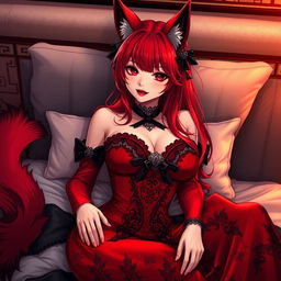 A sexy gothic anime girl depicted as a Kitsune, showcasing vibrant red shoulder-length hair that enhances her enchanting allure