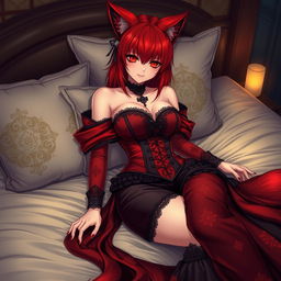 A sexy gothic anime girl depicted as a Kitsune, showcasing vibrant red shoulder-length hair that enhances her enchanting allure