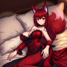 A sexy gothic anime girl depicted as a Kitsune, showcasing vibrant red shoulder-length hair that enhances her enchanting allure