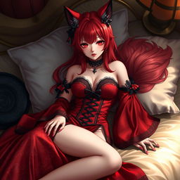 A sexy gothic anime girl depicted as a Kitsune, featuring vibrant red shoulder-length hair that adds to her enchanting presence