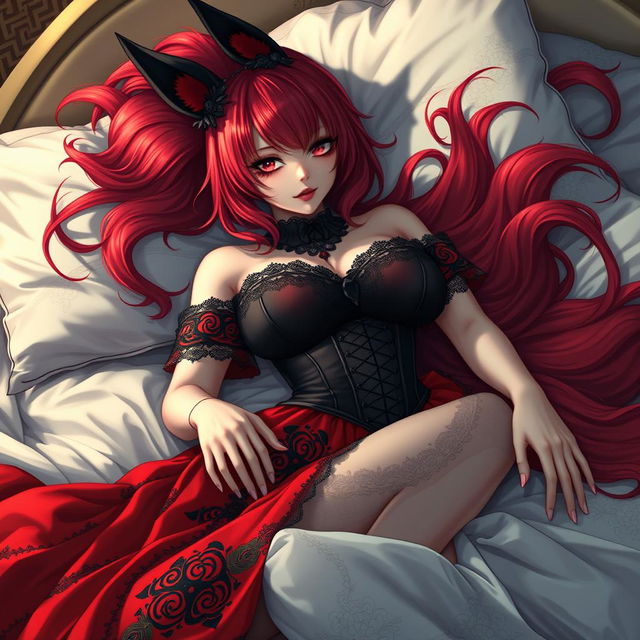 A sexy gothic anime girl depicted as a Kitsune, featuring vibrant red shoulder-length hair that adds to her enchanting presence