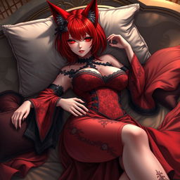 A sexy gothic anime girl depicted as a Kitsune, featuring vibrant red shoulder-length hair that adds to her enchanting presence
