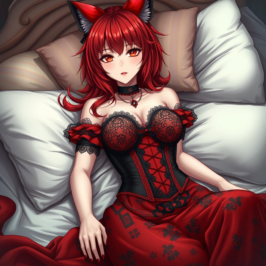 A sexy gothic anime girl depicted as a Kitsune, featuring vibrant red shoulder-length hair that adds to her enchanting presence