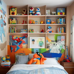 A meticulously organized boy's bedroom with vibrant colors. It contains a cozy bed, a wooden study table, bookshelves filled with books and toys, and posters on the walls from his favorite superhero movies.