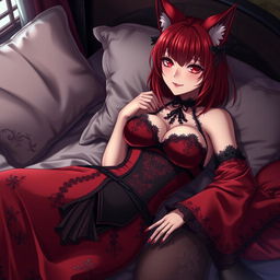 A sexy gothic anime girl represented as a Kitsune, showcasing striking red shoulder-length hair that adds to her captivating charm
