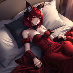 A sexy gothic anime girl represented as a Kitsune, showcasing striking red shoulder-length hair that adds to her captivating charm