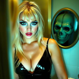 A beautiful 19-year-old blonde woman with striking crystal blue eyes stands in front of a bathroom mirror, adorned with bright frosted pastel blue eyeshadow, thick black eyeliner, and long, dramatic eyelashes layered with thick black mascara