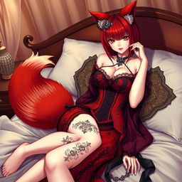 A sexy gothic anime girl portrayed as a Kitsune, featuring striking red shoulder-length hair that adds to her captivating presence