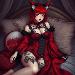 A sexy gothic anime girl portrayed as a Kitsune, featuring striking red shoulder-length hair that adds to her captivating presence