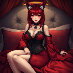 A sexy gothic anime girl portrayed as a Kitsune, featuring striking red shoulder-length hair that adds to her captivating presence