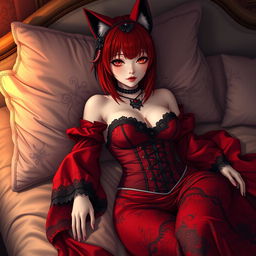 A sexy gothic anime girl styled as a Kitsune, showcasing beautiful red shoulder-length hair that contributes to her captivating look