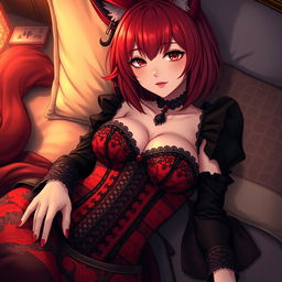 A sexy gothic anime girl styled as a Kitsune, showcasing beautiful red shoulder-length hair that contributes to her captivating look