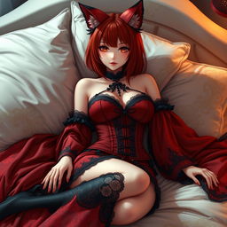 A sexy gothic anime girl styled as a Kitsune, showcasing beautiful red shoulder-length hair that contributes to her captivating look