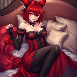 A sexy gothic anime girl depicted as a Kitsune with fiery red shoulder-length hair, capturing an alluring presence