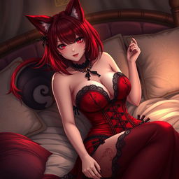 A sexy gothic anime girl depicted as a Kitsune with fiery red shoulder-length hair, capturing an alluring presence