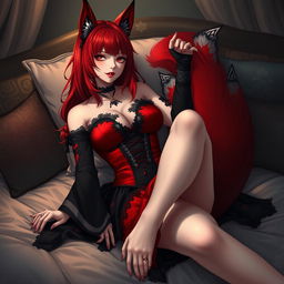 A sexy gothic anime girl depicted as a Kitsune with fiery red shoulder-length hair, capturing an alluring presence