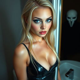 A beautiful 19-year-old blonde woman with stunning crystal blue eyes, bright frosted pastel blue eyeshadow, thick black eyeliner, and long, luscious eyelashes