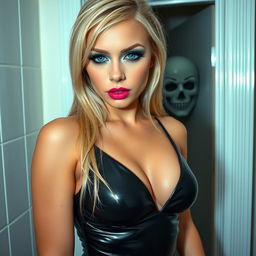 A beautiful 19-year-old blonde woman with stunning crystal blue eyes, bright frosted pastel blue eyeshadow, thick black eyeliner, and long, luscious eyelashes
