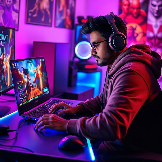 An Indian male gamer intensely focused on playing Valorant on his sleek gaming laptop