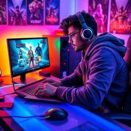 An Indian male gamer intensely focused on playing Valorant on his sleek gaming laptop