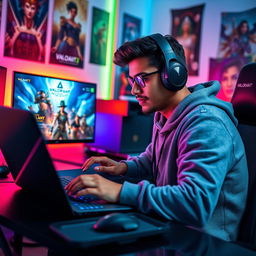 An Indian male gamer intensely focused on playing Valorant on his sleek gaming laptop