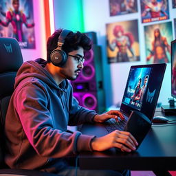 An Indian male gamer intensely focused on playing Valorant on his sleek gaming laptop